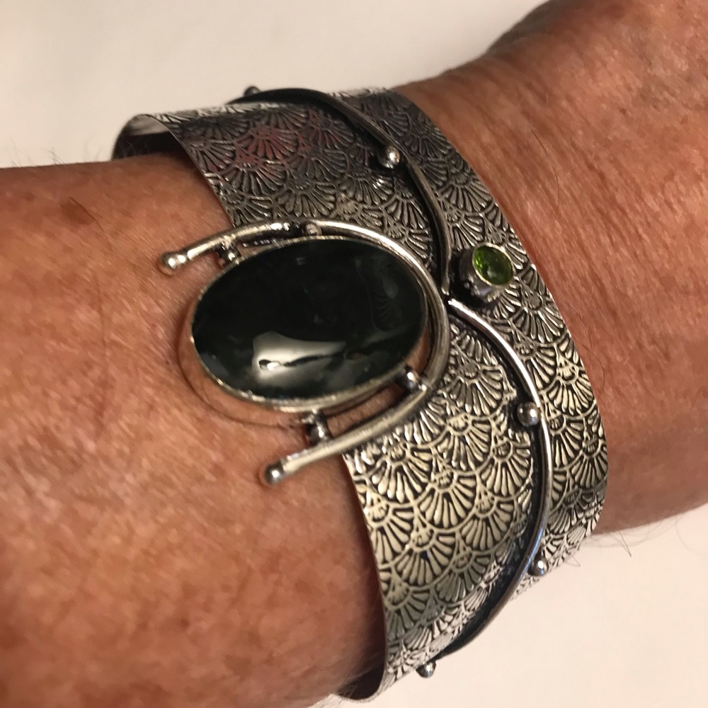 Moss Agate Peridot Stamped 925 Sterling Silver Cuff Bracelet
